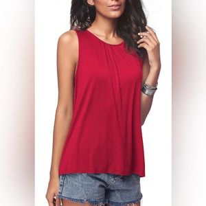 Women's Summer Sleeveless Pleated Back Closure Casual Tank Top Red XL